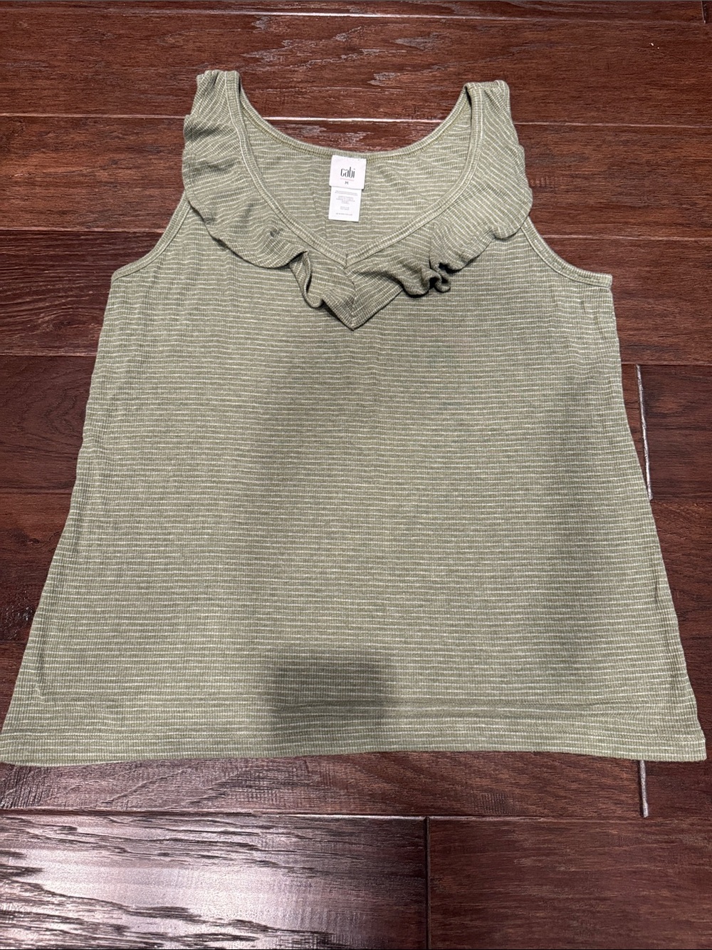 CAbi Olive Green Ruffled Neck Tank Top